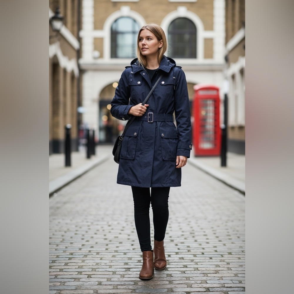 Burberry Brit Navy Blue Hooded Windbreaker Anorak Jacket Raincoat Size 12 US